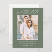 Dark Sage Green Elegantes Script-Foto Save the Dat Ankündigungspostkarte (Vorne/Hinten)