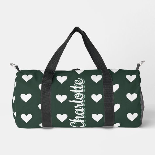 Dark Sage Green Hearts Personalized Name Duffle Bag (Vorderseite)