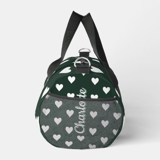 Dark Sage Green Hearts Personalized Name Duffle Bag (Rechts)
