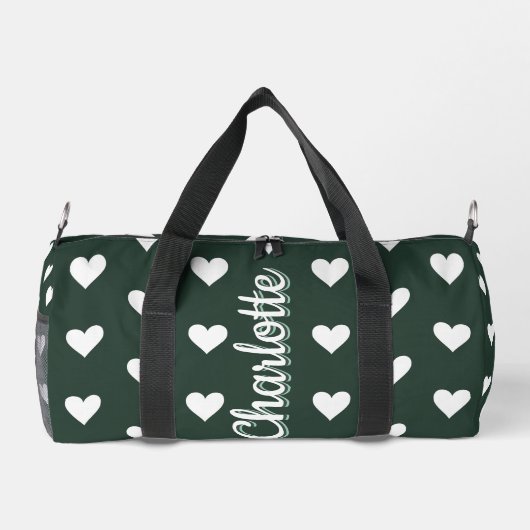 Dark Sage Green Hearts Personalized Name Duffle Bag (Rückseite)