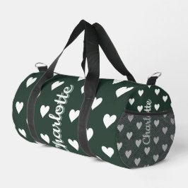 Dark Sage Green Hearts Personalized Name Duffle Bag