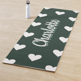 Dark Sage Green Hearts Personalized Name Yogamatte