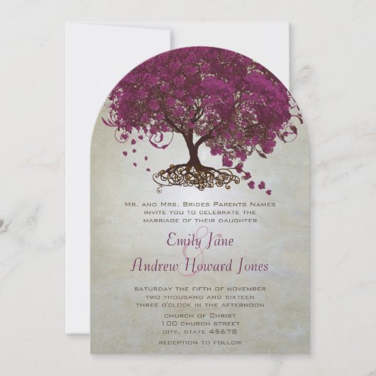 Dark Sangria Herz Leaf Tree Wedding Einladungen (Vorderseite)