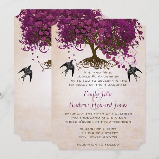 Dark Sangria Herz Leaf Tree Wedding Einladungen (Vorne/Hinten)