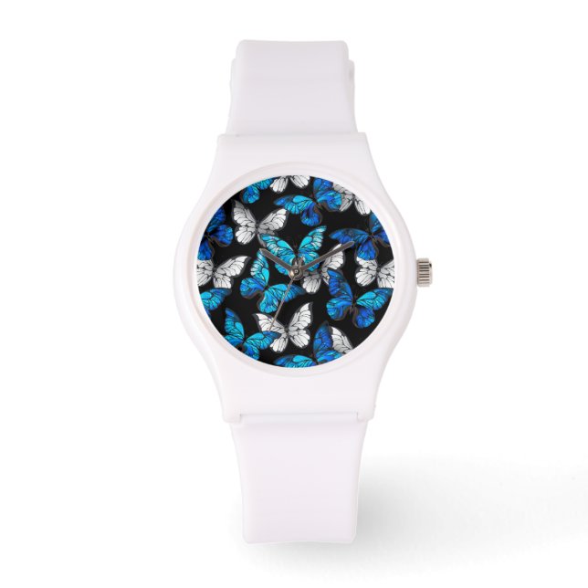 Dark Seamless Pattern with Blue Butterflies Morpho Armbanduhr (Vorderseite)