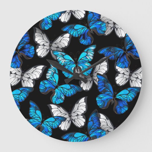 Dark Seamless Pattern with Blue Butterflies Morpho Große Wanduhr (Vorderseite)