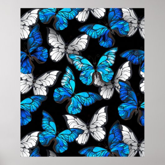 Dark Seamless Pattern with Blue Butterflies Morpho Poster (Vorne)