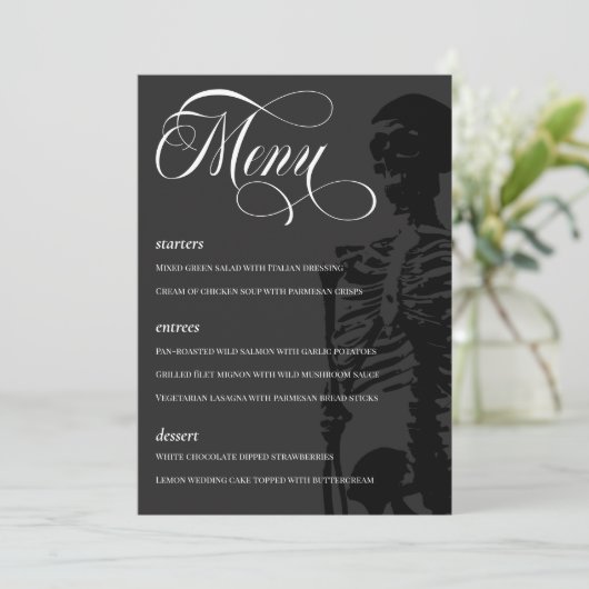 Dark Skeleton Beautiful Script Goth Wedding Menükarte (Stehend Vorderseite)