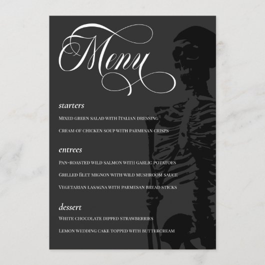 Dark Skeleton Beautiful Script Goth Wedding Menükarte (Vorderseite)
