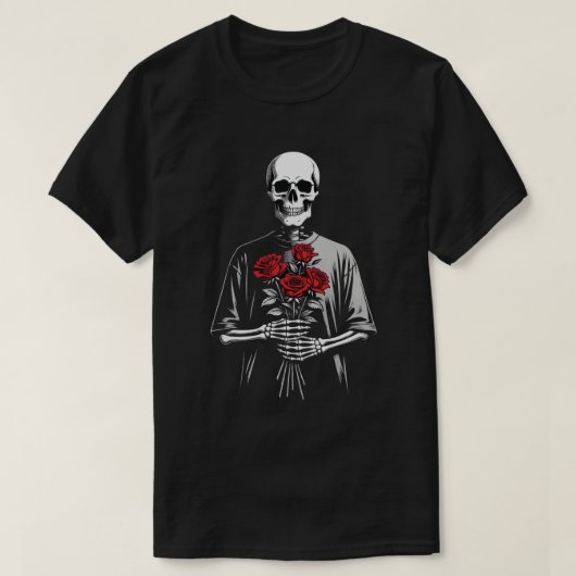 Dark Skeleton with Red Roses Bouquet Gothic Aesthe T-Shirt (Design vorne)