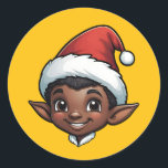 Dark Skin Christmas Elf Male Runder Aufkleber<br><div class="desc">Dieser Aufkleber für den dunklen Weihnachtself fügt Ihre Karten,  Umschläge und Geschenke,  um sie wirklich von der Erholung abzuheben! Finden Sie mehr Weihnachtsaufkleber in meinem Geschäft.</div>