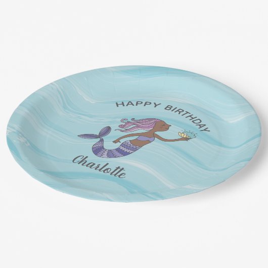 Dark Skin Lila Mermaid Geburtstag Pappteller (Schrägansicht)