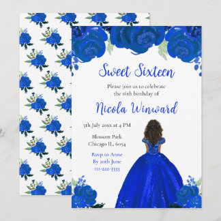 Dark Skin Princess Blue Floral 16 . Geburtstag Einladung