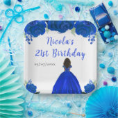 Dark Skin Princess Blue Floral Birthday Party Pappteller (Party)