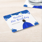 Dark Skin Princess Blue Floral Birthday Party Rechteckiger Pappuntersetzer (angewinkelt)