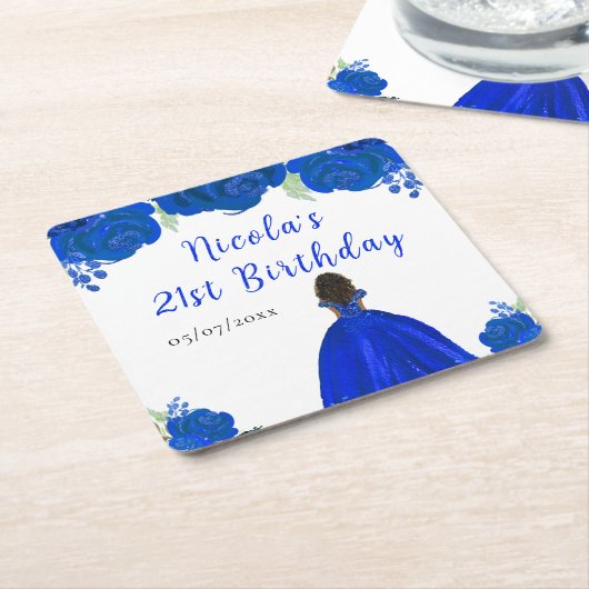 Dark Skin Princess Blue Floral Birthday Party Rechteckiger Pappuntersetzer (angewinkelt)