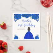 Dark Skin Princess Blue Floral Birthday Party Serviette (Beispiel)