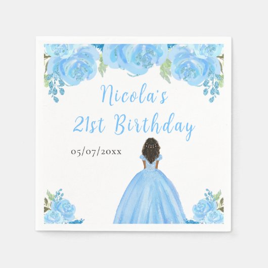 Dark Skin Princess Blue Floral Birthday Party Serviette (Vorderseite)