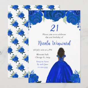 Dark Skin Princess Blue Floral Geburtstagsparty Einladung