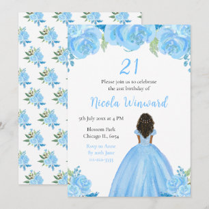 Dark Skin Princess Blue Floral Geburtstagsparty Einladung