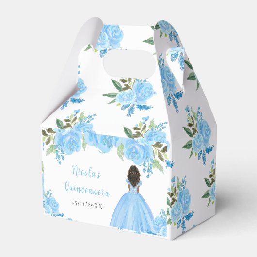 Dark Skin Princess Blue Floral Quinceanera Geschenkschachtel (Rückseite)