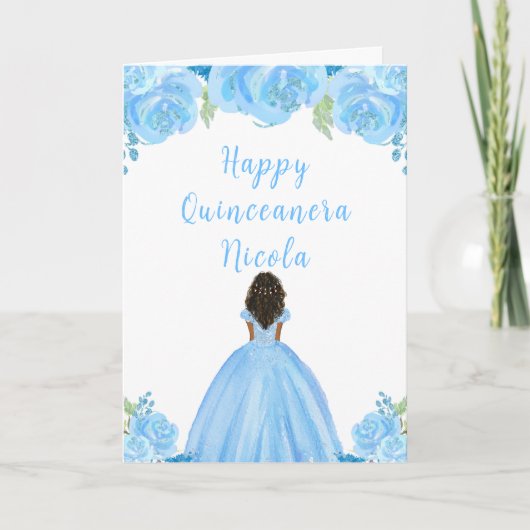 Dark Skin Princess Blue Floral Quinceanera Karte (Vorderseite)