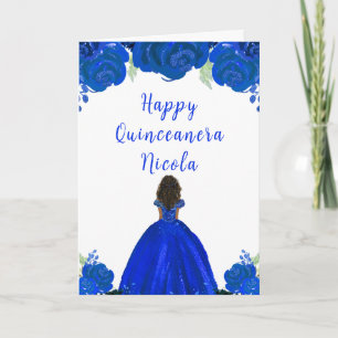 Dark Skin Princess Blue Floral Quinceanera Karte