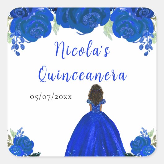 Dark Skin Princess Blue Floral Quinceanera Quadratischer Aufkleber (Vorderseite)