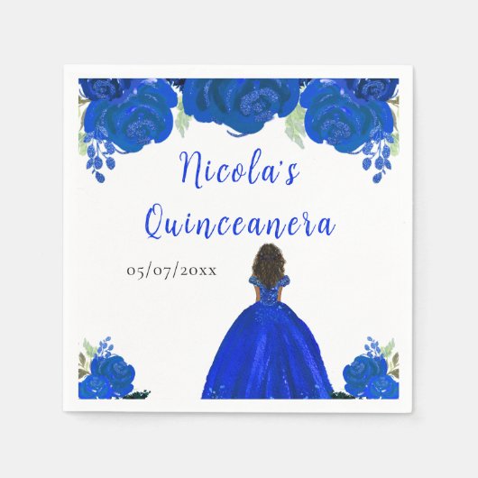 Dark Skin Princess Blue Floral Quinceanera Serviette (Vorderseite)