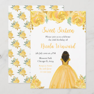 Dark Skin Princess Gold Floral 16 . Geburtstag Einladung