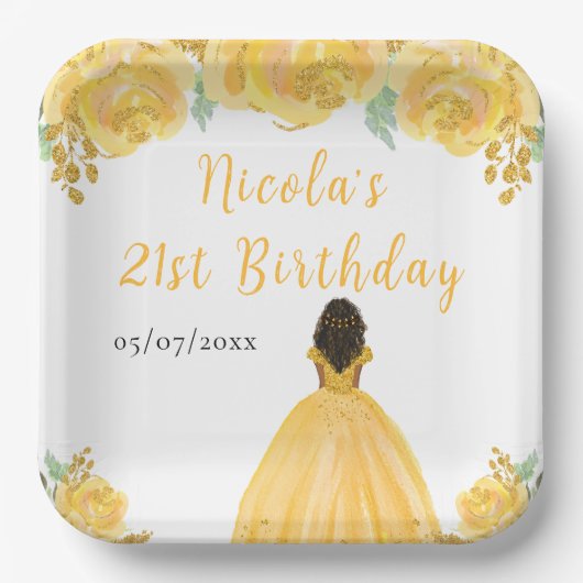 Dark Skin Princess Gold Floral Birthday Party Pappteller (Vorderseite)