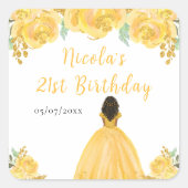Dark Skin Princess Gold Floral Birthday Party Quadratischer Aufkleber (Vorderseite)