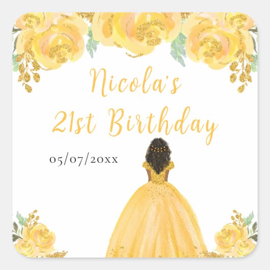 Dark Skin Princess Gold Floral Birthday Party Quadratischer Aufkleber (Vorderseite)