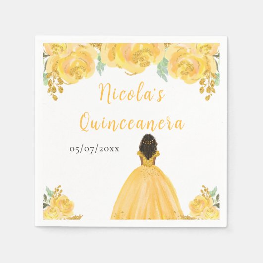 Dark Skin Princess Gold Floral Quinceanera Serviette (Vorderseite)