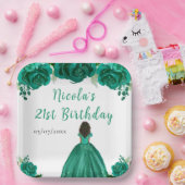 Dark Skin Princess Green Floral Birthday Party Pappteller (Party)