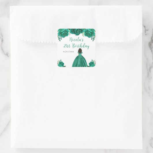 Dark Skin Princess Green Floral Birthday Party Quadratischer Aufkleber (Tasche)
