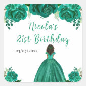 Dark Skin Princess Green Floral Birthday Party Quadratischer Aufkleber (Vorderseite)