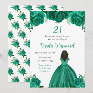 Dark Skin Princess Green Floral Geburtstagsparty Einladung