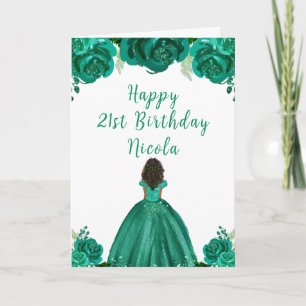 Dark Skin Princess Green Floral Geburtstagsparty Karte