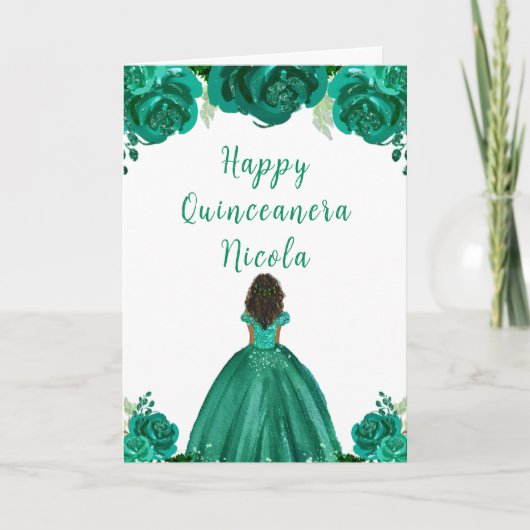 Dark Skin Princess Green Floral Quinceanera Karte (Vorderseite)