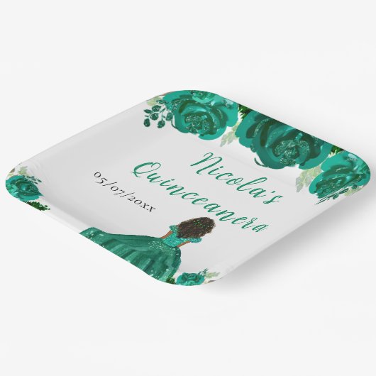 Dark Skin Princess Green Floral Quinceanera Pappteller (Gewinkelt)
