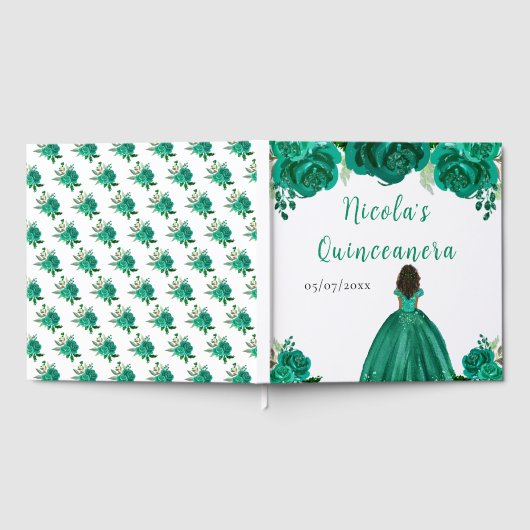 Dark Skin Princess Green Quinceanera Guest Book Gästebuch (Voll)