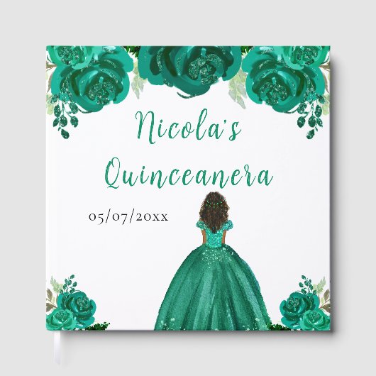 Dark Skin Princess Green Quinceanera Guest Book Gästebuch (Vorderseite)