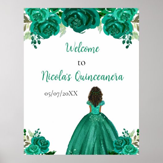 Dark Skin Princess Green Quinceanera Welcome Poster (Vorne)