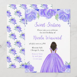 Dark Skin Princess Lila Floral 16 . Geburtstag Einladung