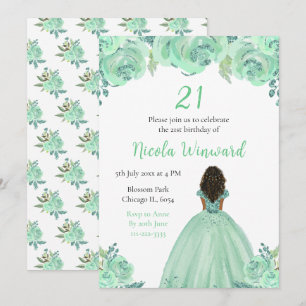 Dark Skin Princess Minze Floral Geburtstagsparty Einladung