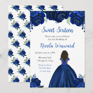 Dark Skin Princess Navy Floral 16 . Geburtstag Einladung