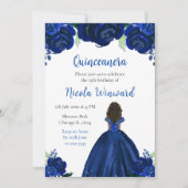 Dark Skin Princess Navy Floral Quinceanera Einladung (Vorderseite)