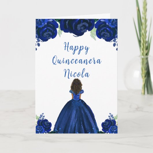 Dark Skin Princess Navy Floral Quinceanera Karte (Vorderseite)