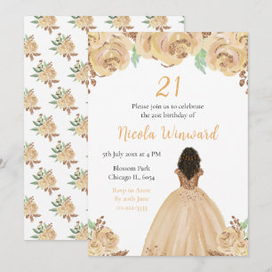 Dark Skin Princess Peach Floral Geburtstagsparty Einladung